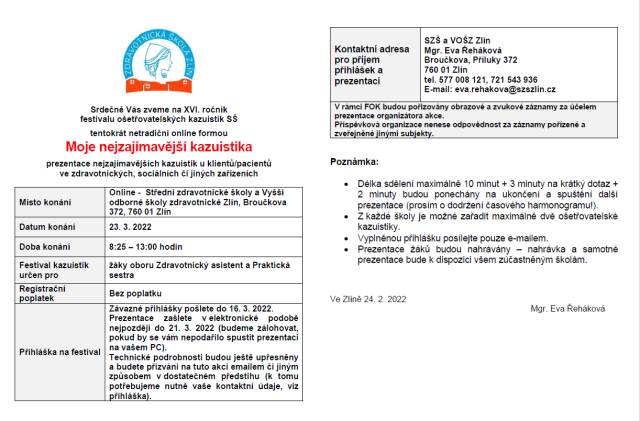 Festival ošetřovatelských kazuistik Zlín
