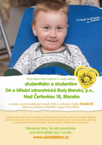 Nadace „Naše dítě“ děkuje studentům Obchodní akademie a střední zdravotnické školy